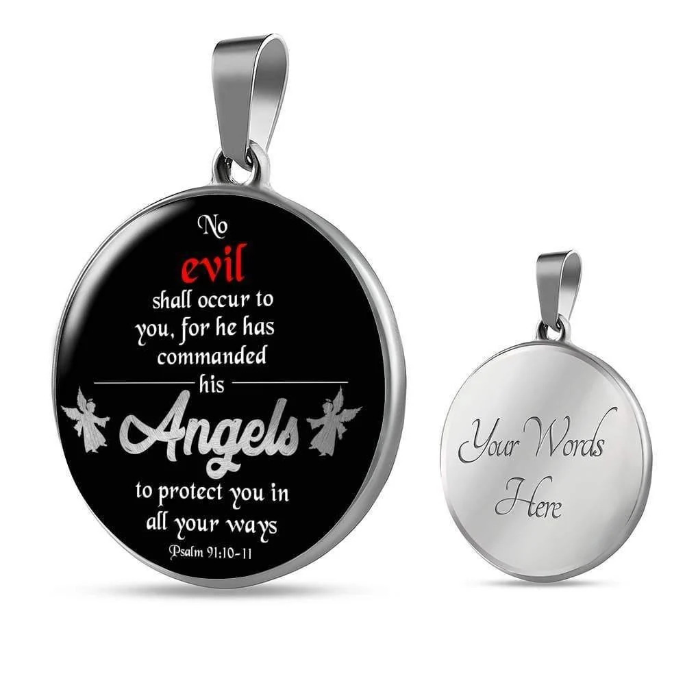 God's Angels Protect Circle Pendant Necklace Stainless Steel 24 Inch Chain Silv
